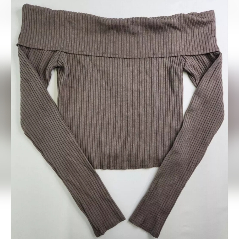 Wild Fable Juniors Brownish Gray Long Sleeve Off Shoulder Cropped Shirt Size L